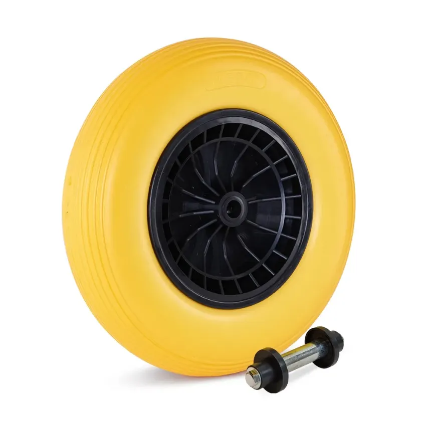 Kruiwagenwiel 400x8 PU plastic geel, Anti lek, plastic velg met rollager, Draagvermogen 200kg, asgat 20mm INCLUSIEF 130mm AS