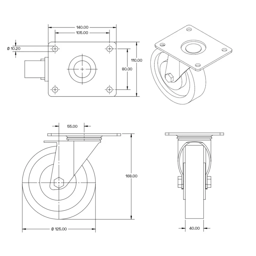 Zwart elastisch rubber zwenkwiel met topplaat - 125mm - 300kg - RA3-125