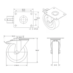 Zwart elastisch rubber zwenkwiel geremd met topplaat - 125mm - 300kg - RA4-125