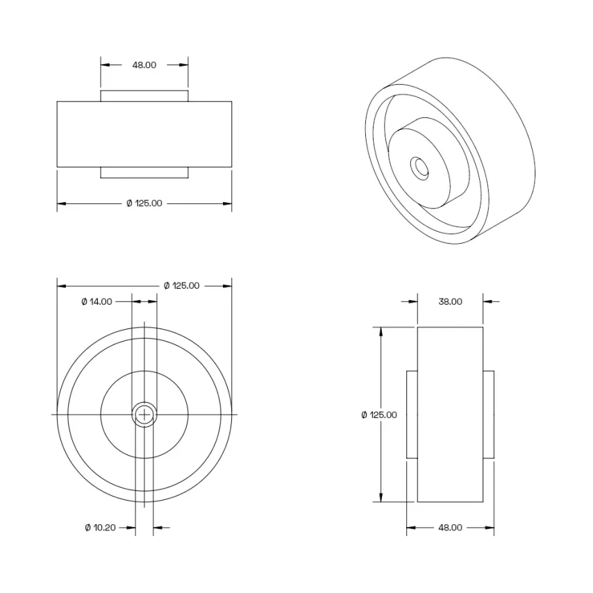 Grijs Rubber wiel 125mm - 120kg - Streeploos - RG1-125