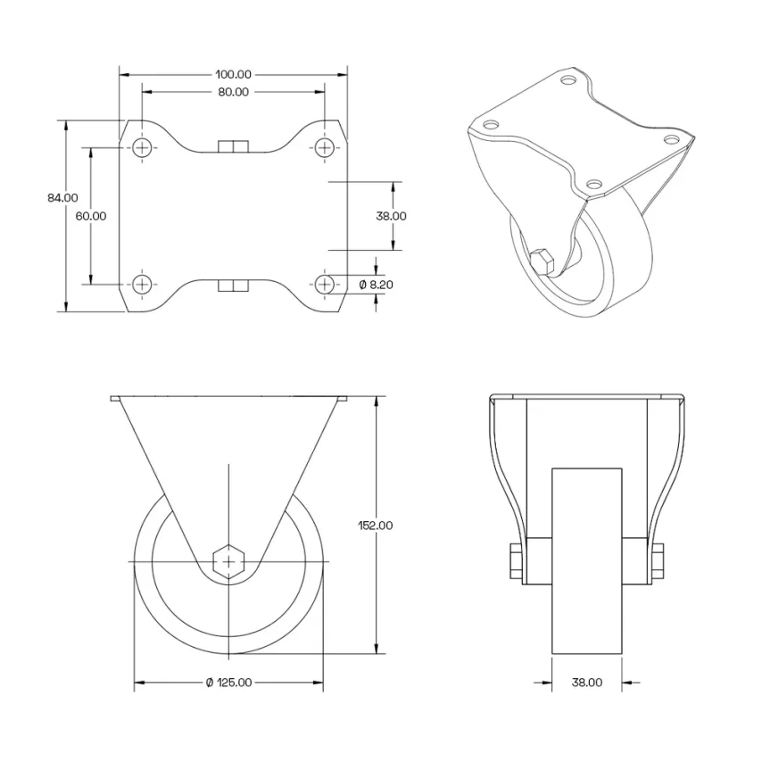 Grijs rubber bokwiel 125mm - 120kg - Streeploos - RG2-125