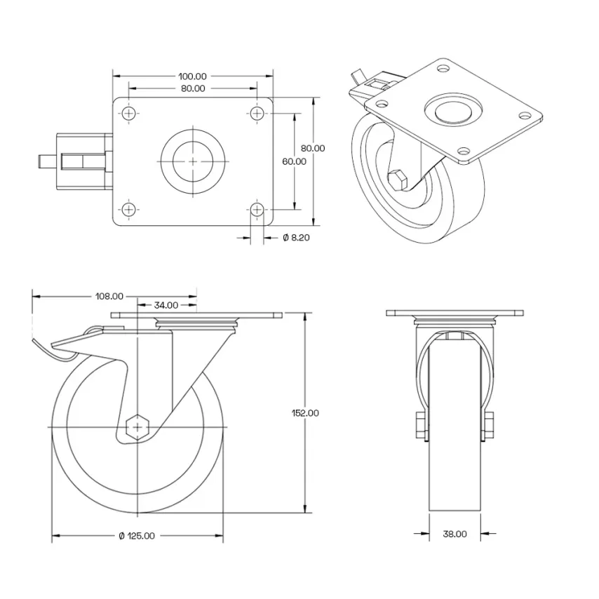 Grijs rubber zwenkwiel geremd met topplaat - 125mm - 120kg - Streeploos - RG4-125