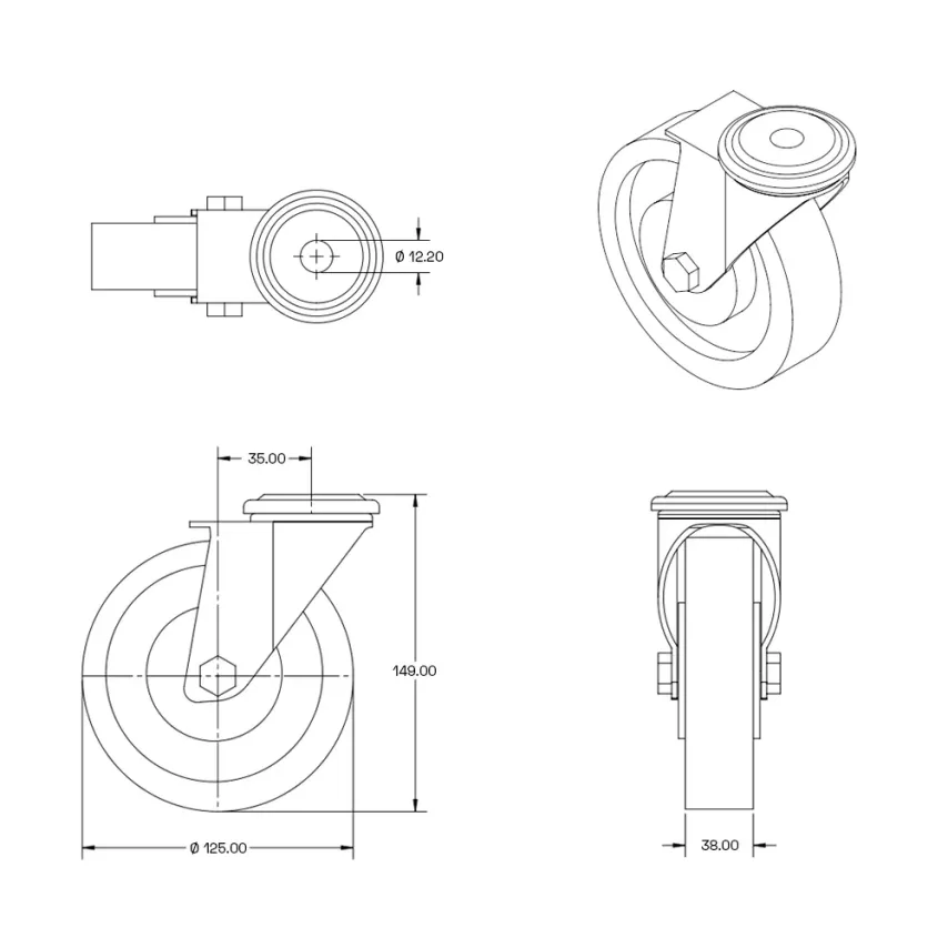 Grijs rubber zwenkwiel 125mm met centraal gat - 120kg - Streeploos - RG5-125