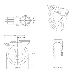 Grijs rubber zwenkwiel geremd met centraal gat - 125mm - 120kg - Streeploos - RG6-125