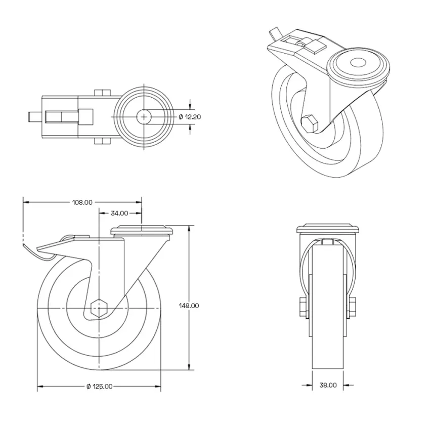 Grijs rubber zwenkwiel geremd met centraal gat - 125mm - 120kg - Streeploos - RG6-125