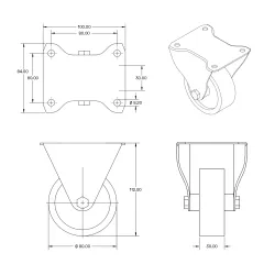 Grijs rubber bokwiel - 80mm - 60kg - Streeploos - RG2-80