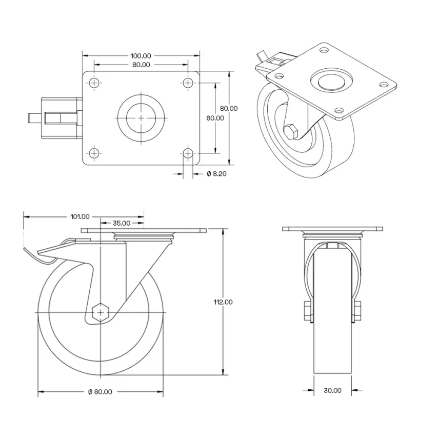 Grijs rubber zwenkwiel geremd met topplaat - 80mm - 60kg - Streeploos - RG4-80