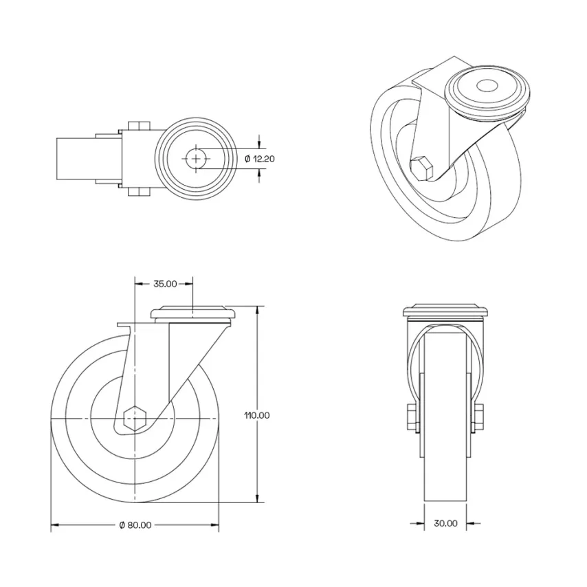 Grijs rubber zwenkwiel met centraal gat - 80mm - 60kg - Streeploos - RG5-80