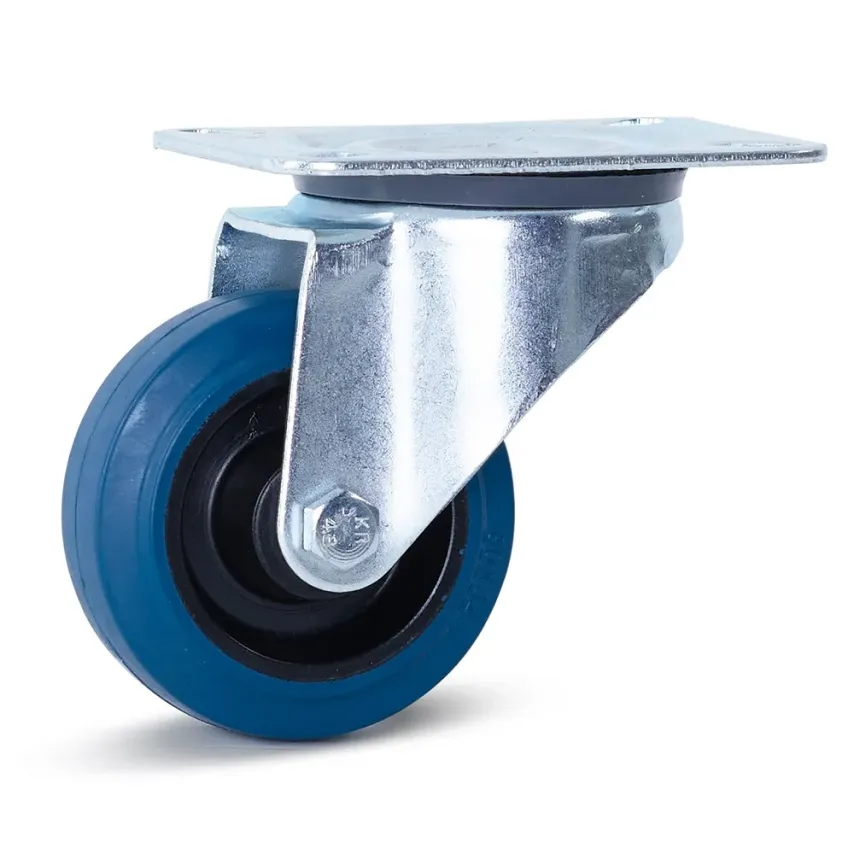 Blauw elastisch rubber zwenkwiel met topplaat - 80mm - 100kg - RB3-80