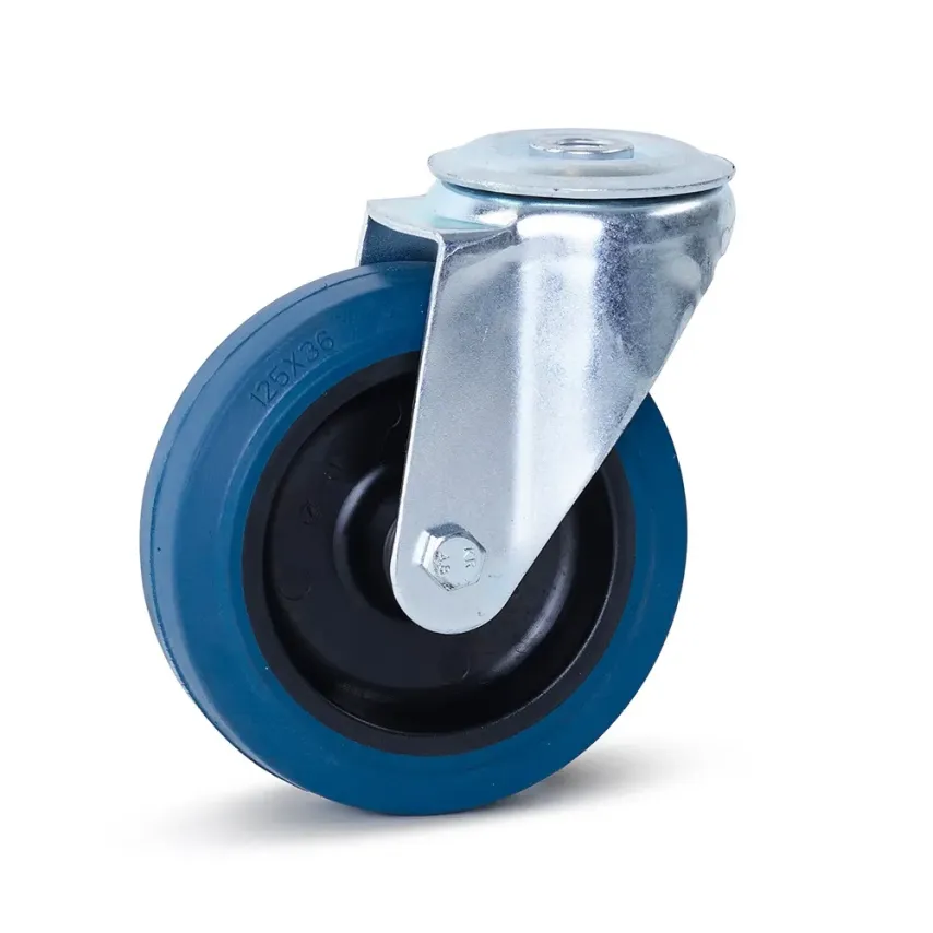 Blauw elastisch rubber zwenkwiel met centraal gat - 125mm - 180kg - RB5-125