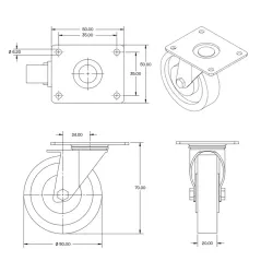 Meubel zwenkwiel zwart met topplaat - 50mm - 40kg - M3-50Z