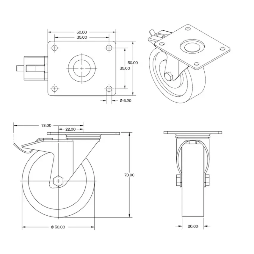 Meubel zwenkwiel zwart geremd met topplaat - 50mm - 40kg - M4-50Z