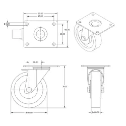 Zwart dubbel zwenkwiel met topplaat - 50mm - 90kg - T3-D50Z