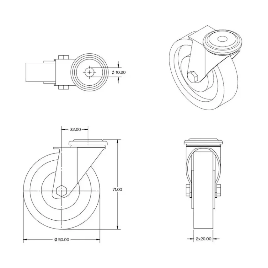 Zwart dubbel zwenkwiel met centraal gat - 50mm - 90kg - T5-D50Z