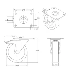 Zwart dubbel zwenkwiel geremd met topplaat - 75 mm - 150kg - T4-D75Z