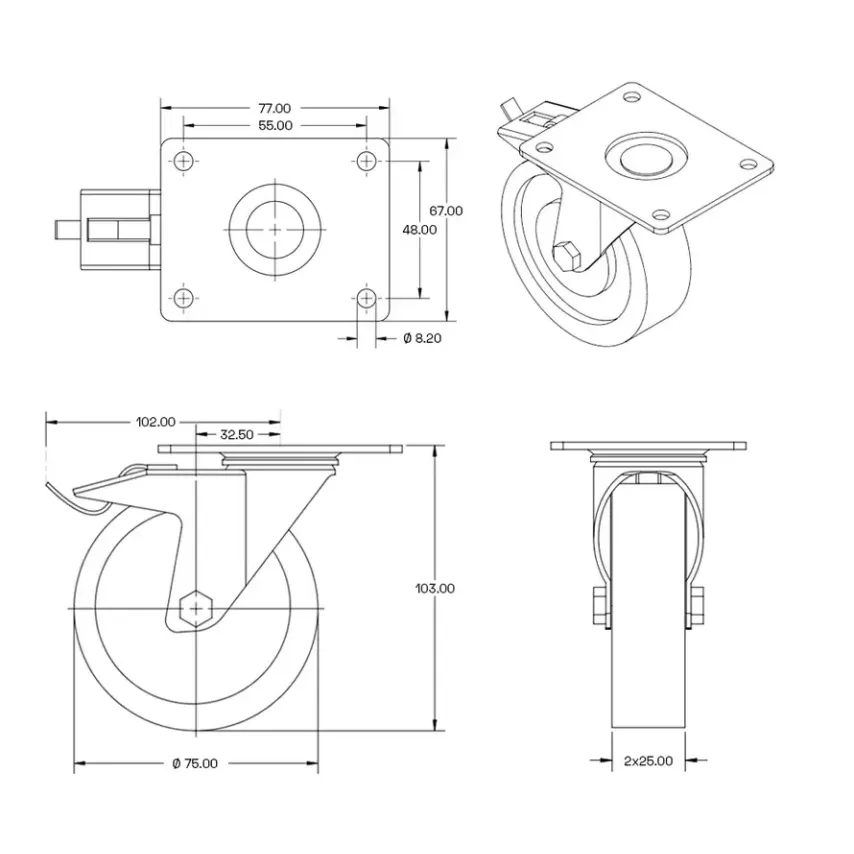 Zwart dubbel zwenkwiel geremd met topplaat - 75 mm - 150kg - T4-D75Z